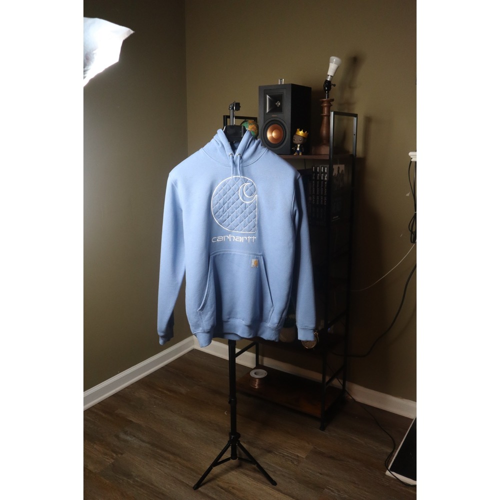 Carhartt Hoodie Mens M Blue Loose Fit Pullover Sweatshirt C Puff Logo - Picture 6 of 7